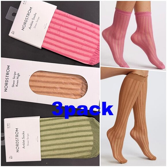 Nordstrom Sheer Ankle & Knee High Socks 3-pack Striped Tan Green Pink - Picture 1 of 9